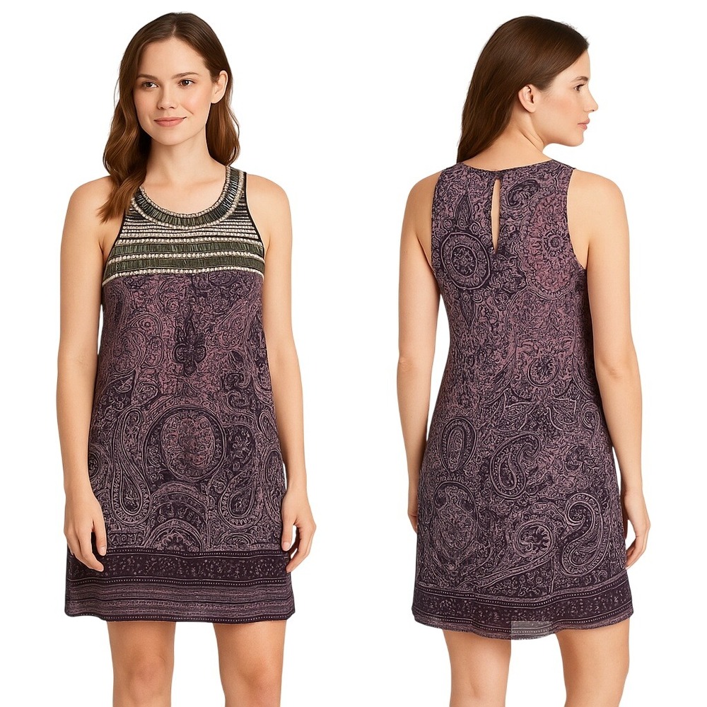 Xhilaration Purple Paisley Beaded Sleeveless‎ Dress XS Bohemian Festival Chiffon